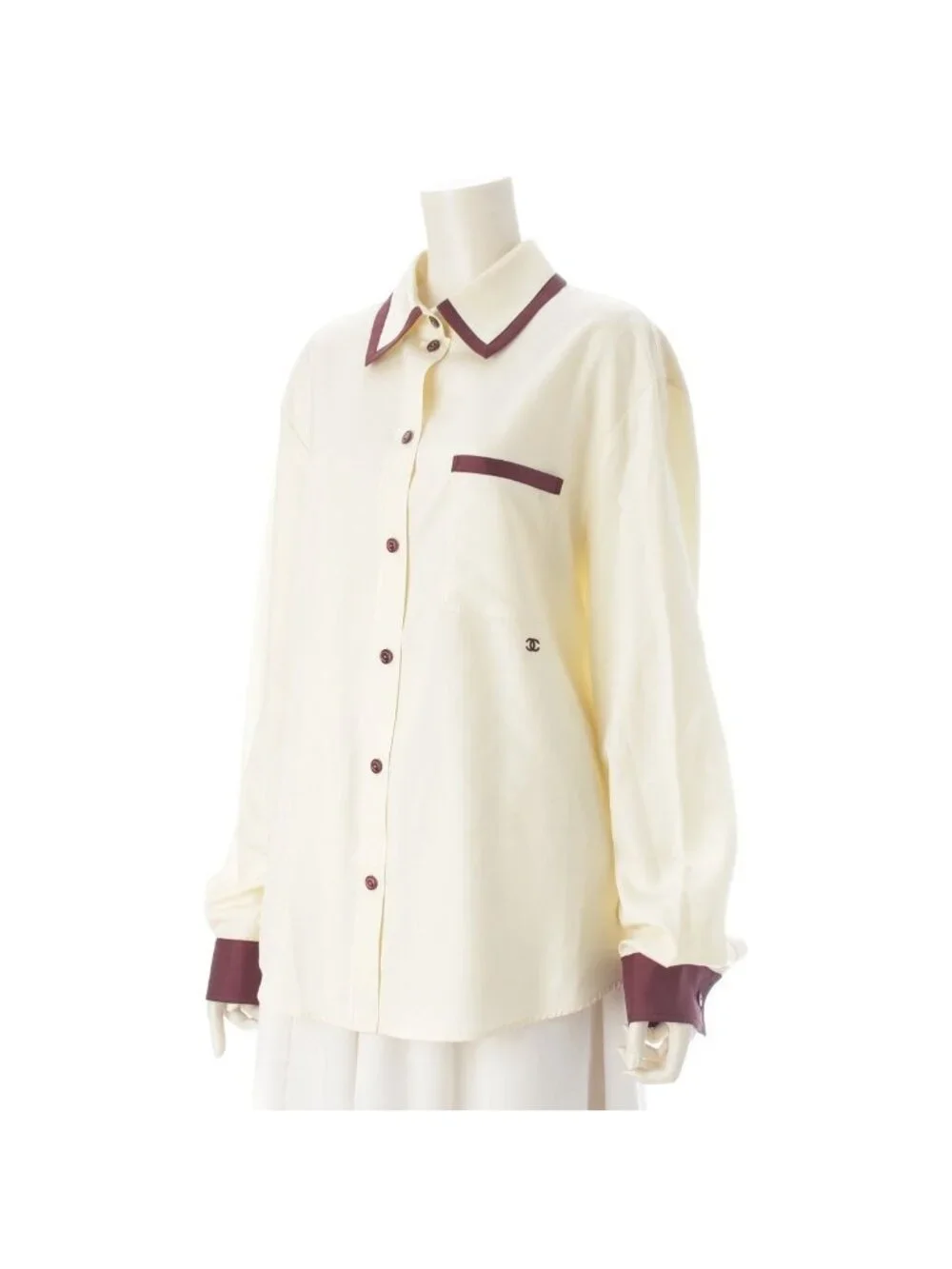 Chanel CC Logo Twill Blouse Long Sleeve Shirt Light Yellow Burgundy 42
